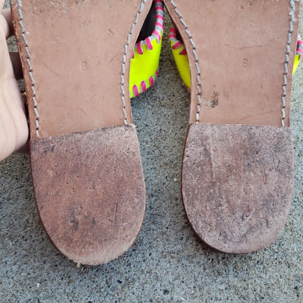 Palm Beach Handmade Leather Neon Green Pink Sandals Size 8 Beachy Tropical USA - Picture 7 of 16